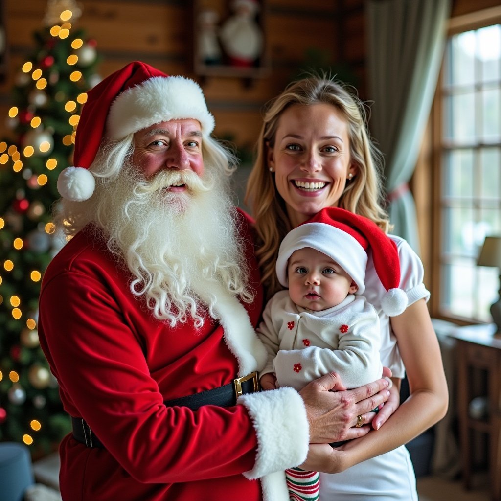 A joyful Christmas scene featuring a charming Santa Claus with a long white beard, wearing a traditional red outfit. He is holding a baby who is also dressed in festive attire, complete with a Santa hat. Beside them, a happy mother smiles, all surrounded by Christmas decorations. The setting has a cozy atmosphere, with a beautifully decorated Christmas tree in the background. The warm lighting creates a magical holiday vibe, capturing the essence of family togetherness during the festive season.