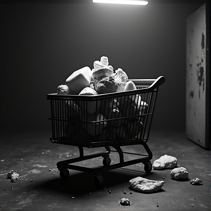 A shopping cart filled with various loaves and pieces of bread under a spotlight in a dimly lit room.