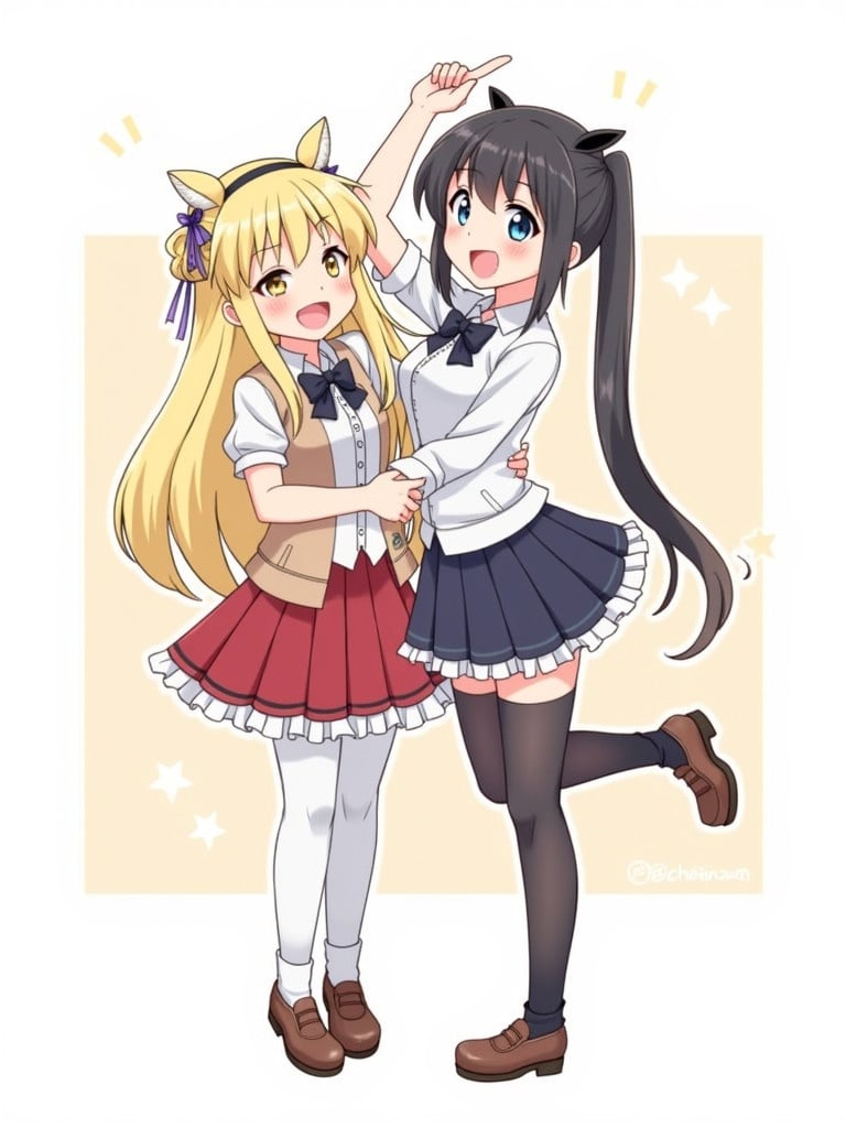 Anime characters pose playfully together. One character has long blonde hair and the other has dark hair. Both wear stylish outfits with fun details against a light background.