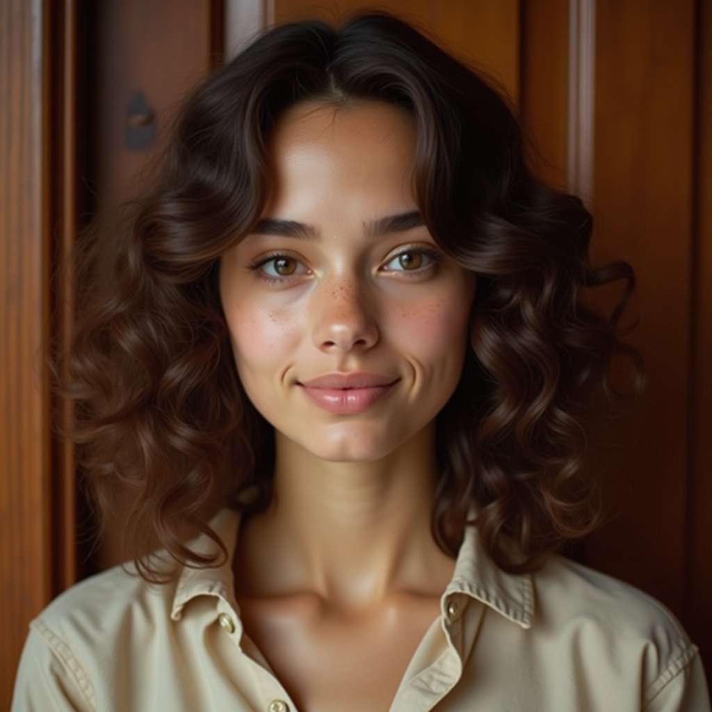 Close-up portrait of a young woman with shoulder-length curly brown hair. Light beige blouse. Direct gaze with neutral expression. Soft features. Warm lighting enhances details. Wood-paneled background provides contrast.