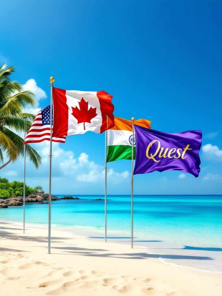 A tranquil Caribbean beach with golden sand showcases four flags. The American flag is on the left. Next is the Canadian flag with a red maple leaf. Adjacent to it is the Indian tricolor flag. The last flag is purple with the word Quest in gold. These flags are set against a backdrop of azure waters and a bright blue sky.