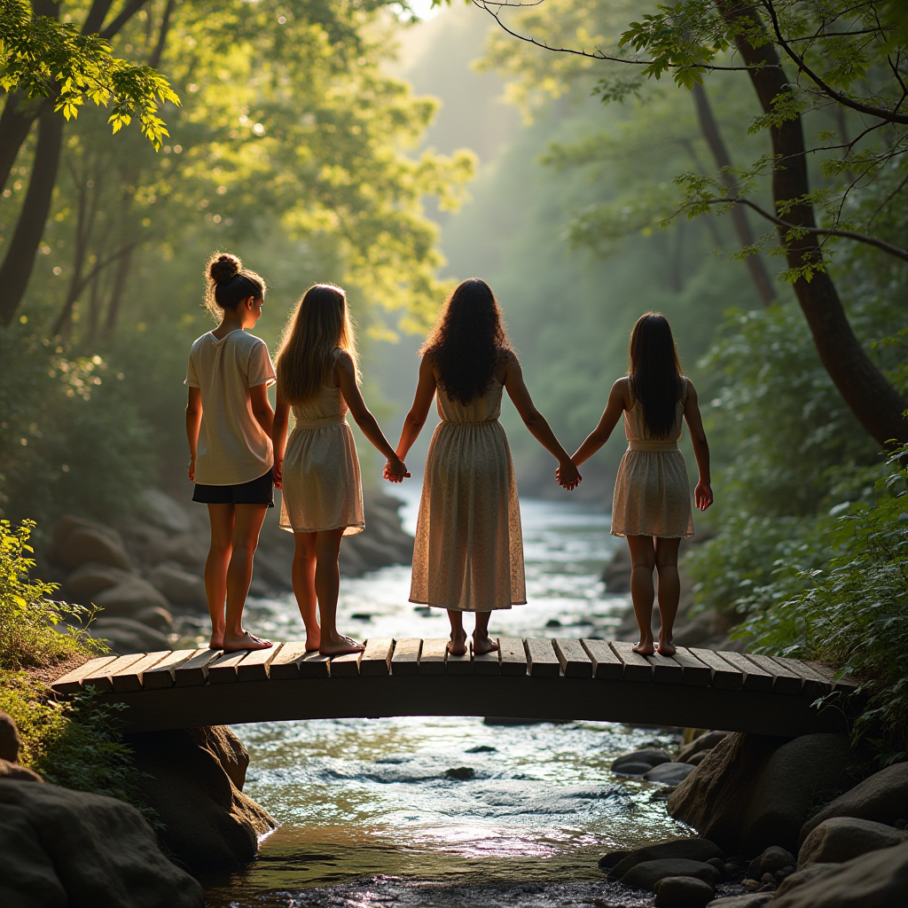 Four people holding hands on a bridge over a serene stream, surrounded by lush green forest.