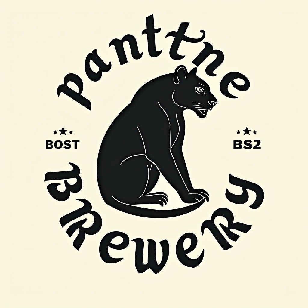 Vector logo design featuring a black panther silhouette. Use simple shapes and lines in minimal black and white style. Incorporate old English traditional folk art and naive design elements. Text 'panther brewery' in round, swirling serif typeface for craft beer bottle label.