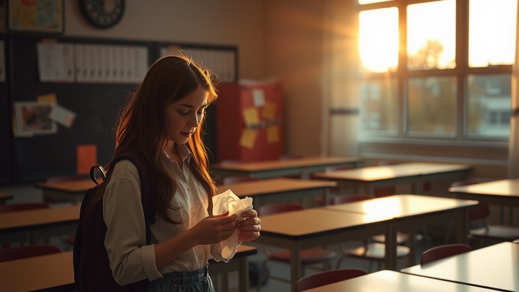 The image captures a young woman standing thoughtfully in an empty classroom, illuminated by the warm glow of sunset streaming through large windows. She is holding a piece of paper, suggesting introspection or nostalgia, as the sun's rays cast a golden hue over the room. The setting evokes a serene yet poignant atmosphere, symbolizing moments of reflection or transition.