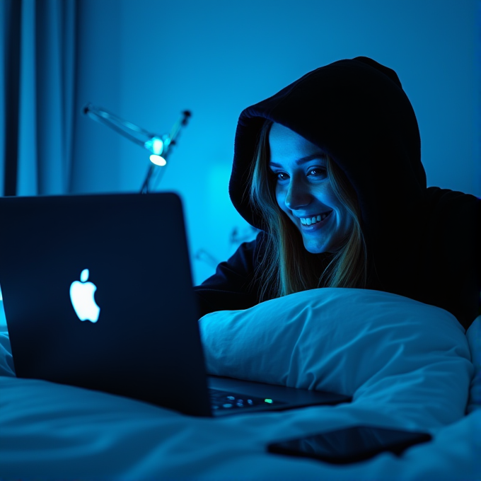 A person in a hoodie smiles while using a laptop in a dimly lit, technologically-themed room.