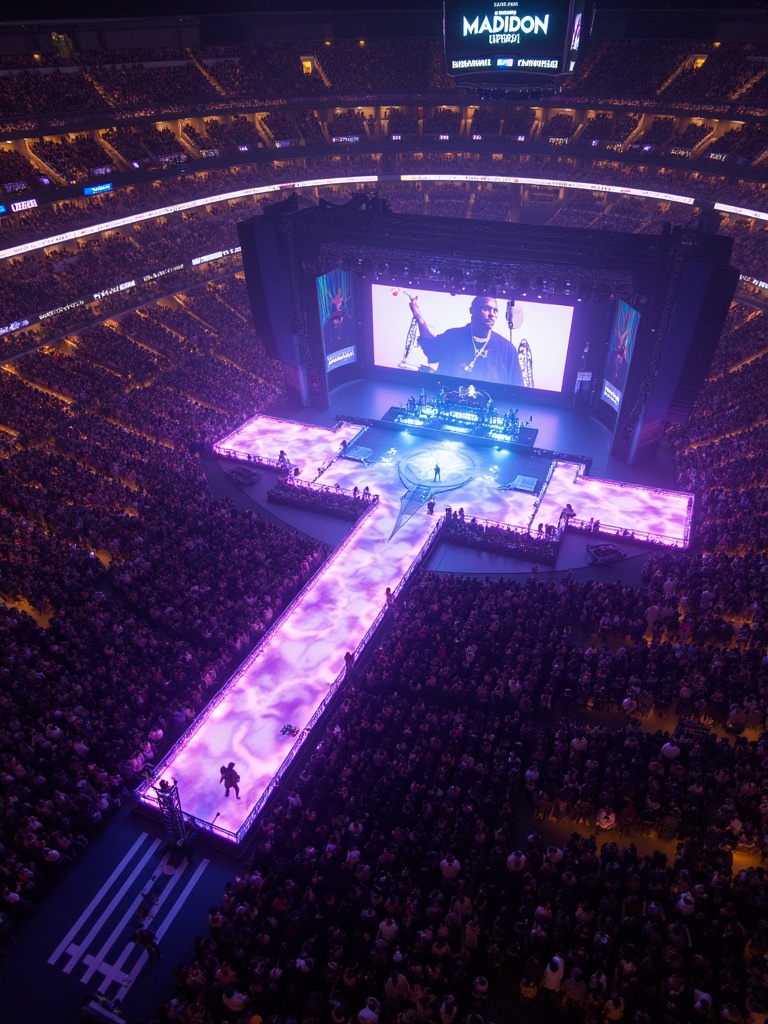 Concert stage design with dynamic lighting. Aerial view shows a packed audience at Madison Square Garden. Travis Scott performing on a large illuminated stage. The stage features a distinctive T shape.