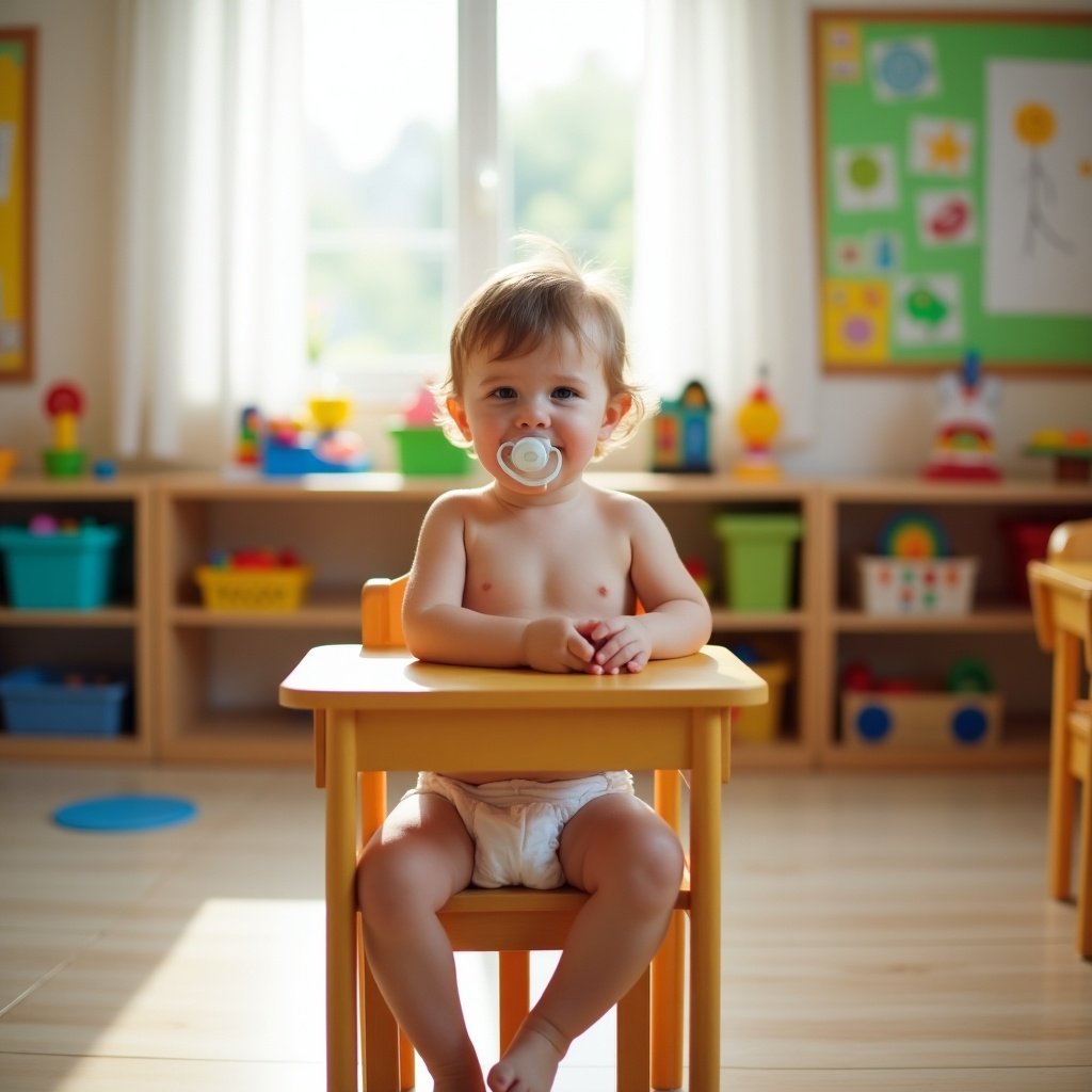 A small toddler sits at a bright yellow desk in a classroom filled with colorful toys. The child, wearing only a diaper, has a cute pacifier in their mouth. They have a playful expression while resting their hands on the desk. The room is well-lit with large windows showing natural light. Behind the toddler, there are shelves filled with colorful bins and educational materials, contributing to a lively classroom atmosphere.