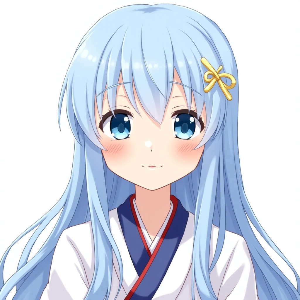 Character with long, light blue hair and blue eyes. She has a gold hair clip and a natural blush on her cheeks. Wears short traditional Japanese clothing.