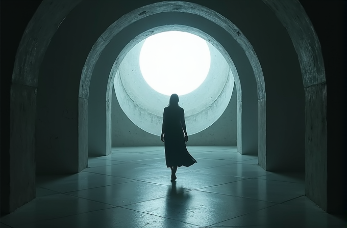 A person walks through a shadowy tunnel towards a bright circular opening.