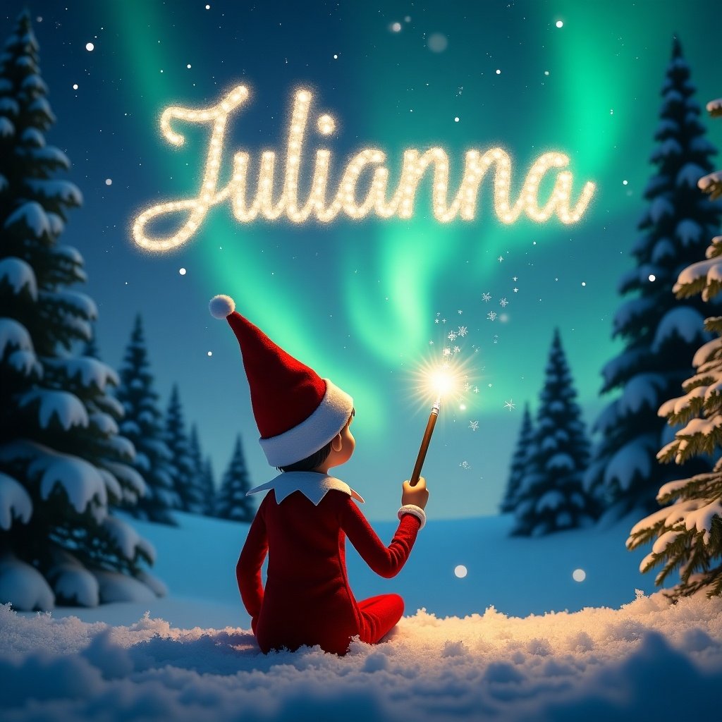 The image features an enchanting scene with an elf on the shelf sitting in a winter wonderland. The elf is facing a spectacular sky filled with northern lights, capturing a magical moment. Using a magical wand, the elf writes the name 'Julianna' in sparkling letters in the sky. The ground is covered in soft snow, complemented by evergreen trees in the background, creating a festive environment. Overall, this whimsical setting embodies the spirit and magic of Christmas.