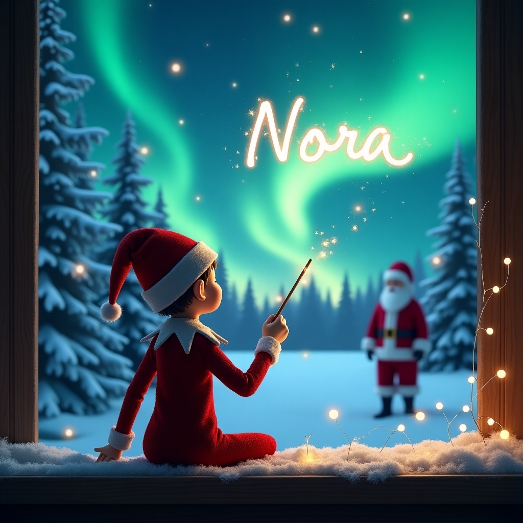 An elf on the shelf is seen with his back towards the viewer, facing a beautiful winter landscape. He holds a magic wand, using it to write the name 'Nora' in the sky. The background features mesmerizing northern lights illuminating the night. In the distance, Santa Claus stands amidst the snow-covered trees. This scene captures the essence of Christmas magic and wonder, inviting viewers into a whimsical holiday world.