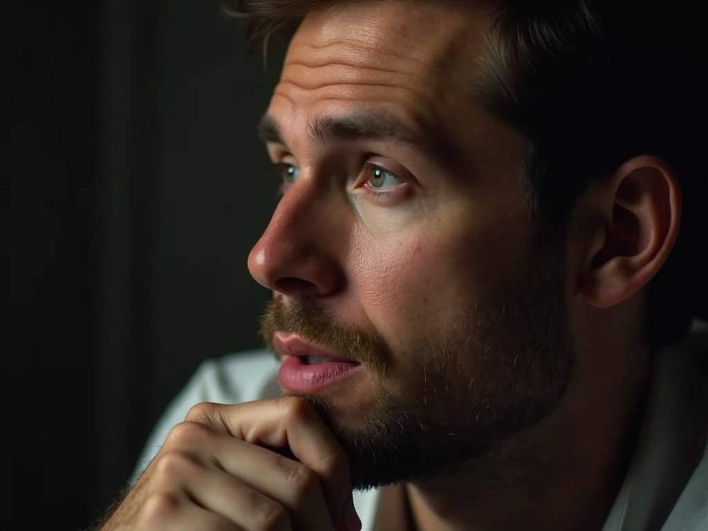 This image showcases a close-up portrait of a man with a contemplative expression. The soft lighting from the side beautifully accentuates his thoughtful features. His gaze suggests introspection, drawing viewers into his emotional experience. The overall mood is serene, allowing for a moment of reflection. It's an engaging representation of focus and contemplation in a human subject.