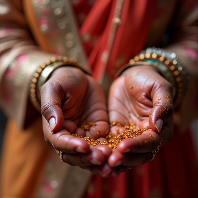 A person in traditional attire gently holds sparkling golden grains in their open hands.