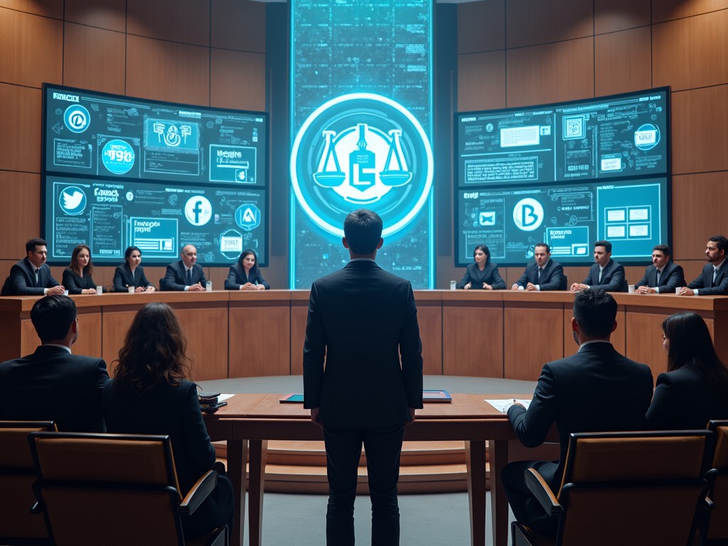 The image depicts a modern courtroom setting with a digital twist. A lone figure stands facing a panel of judges, who are seated in a semi-circle. Behind them, large screens display digital interfaces and social media icons, highlighting the integration of technology in legal proceedings. The room's wooden aesthetics contrast with the glowing blue digital screens, creating a futuristic yet traditional tension.