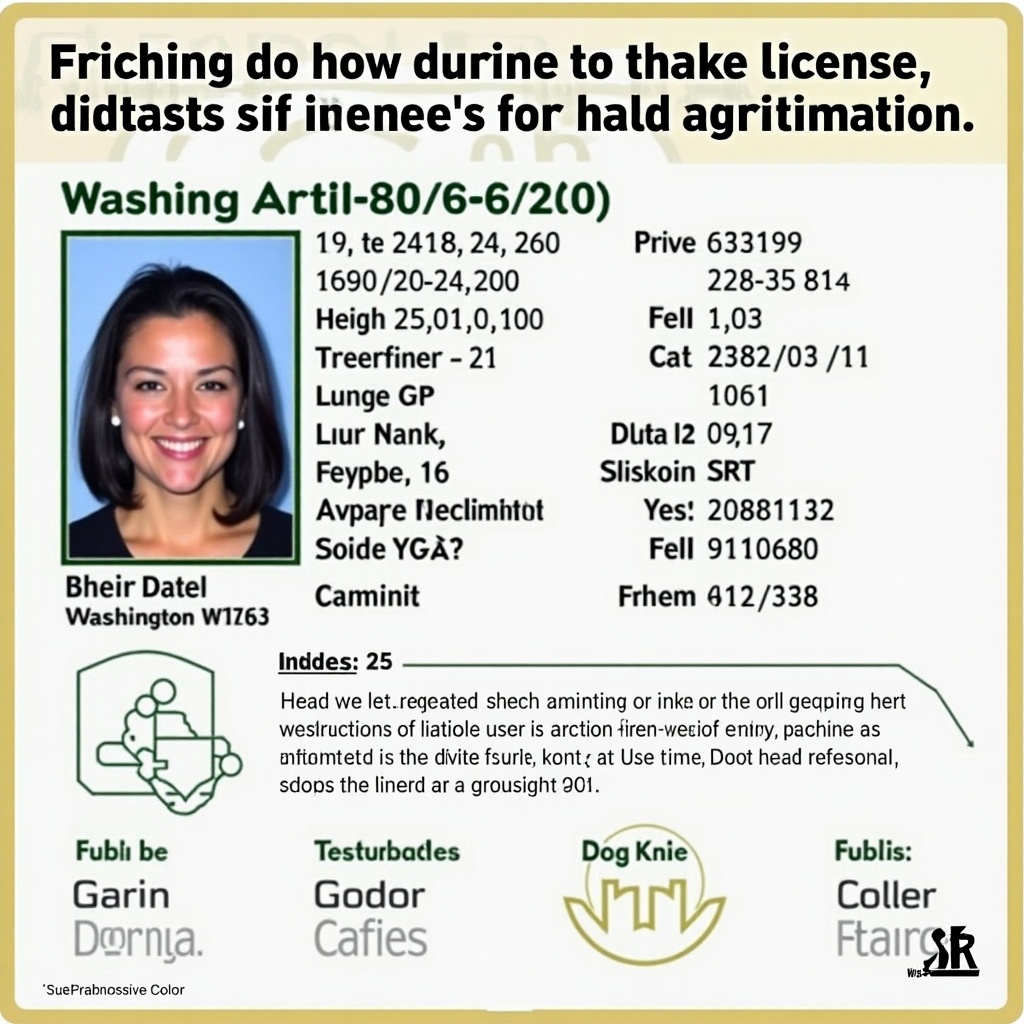 Generate a driver's license featuring Washington state details. Include necessary information like license number, date of birth, name, address, height, and weight. Include identification features.