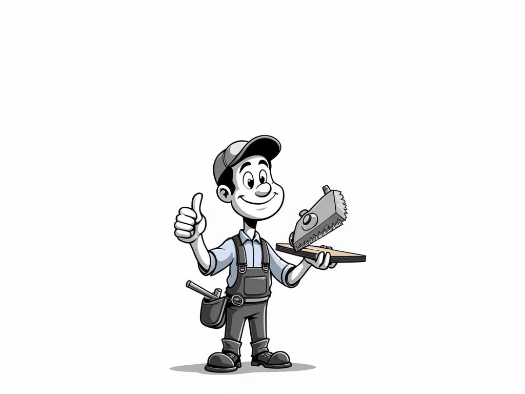 Funny black and white cartoon illustration of a carpenter. Cheerful carpenter dressed in cap and overalls with a light blue shirt. Pencil behind ear and a piece of wood and saw in one hand. Other hand giving thumbs-up. Hammer tucked into tool belt. Captures spirit and readiness of hardworking carpenter.