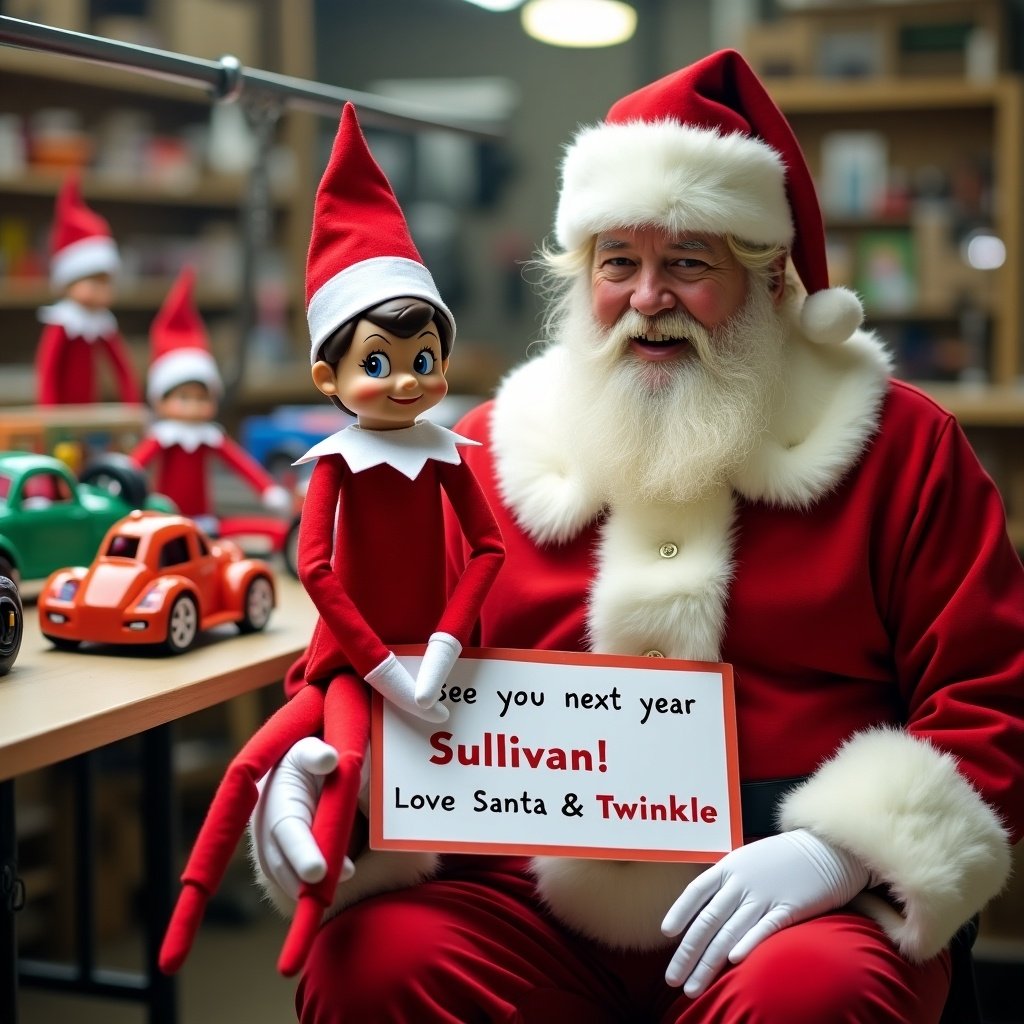 Elf on the shelf in red outfit holding a sign. Santa is also present. Scene set in a toy workshop with toy cars in the background.