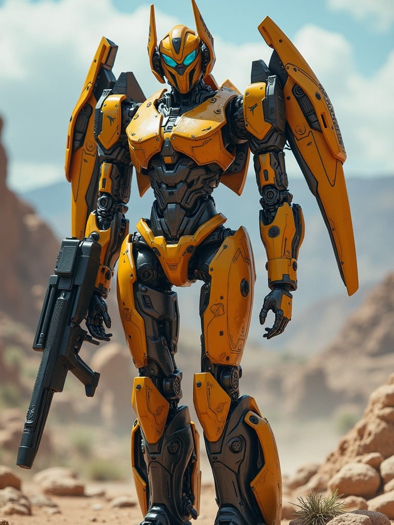 A futuristic female robot stands in a rocky desert landscape. Armor is sleek and muscular. Color scheme is vividly yellow and black. There is a gun resting at her side. Background features mountains and a clear sky.