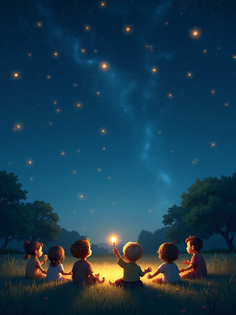 Kids sit on soft grass under a twinkling night sky. Stars shift and shimmer into constellations. A birthday child conducts the stars with a glowing wand. Shooting stars leave trails of glowing music notes.