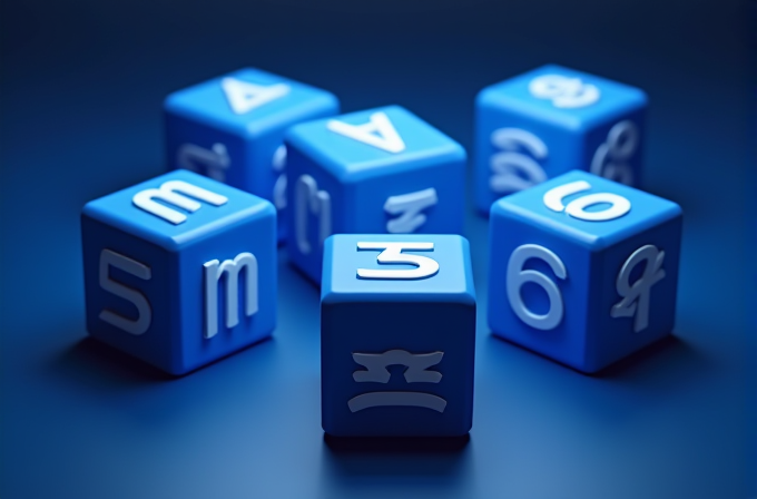 Blue cubes with white, stylized symbols on each side, arranged on a dark surface.