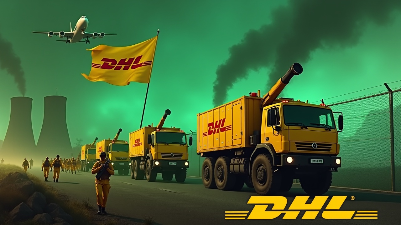 In a dramatic setting, large armored yellow trucks equipped with cannons are seen driving along a highway. Each truck prominently features the DHL logo on its side. Nearby, soldiers in matching yellow uniforms march in unison, holding rifles. One soldier waves a large flag displaying the DHL logo. In the backdrop, the glowing green smokestacks of a nuclear power plant add an ominous feel to the scene. Above, a yellow DHL cargo plane flies, enhancing the visual intensity. The scene is framed at the bottom by the DHL logo in bright yellow.