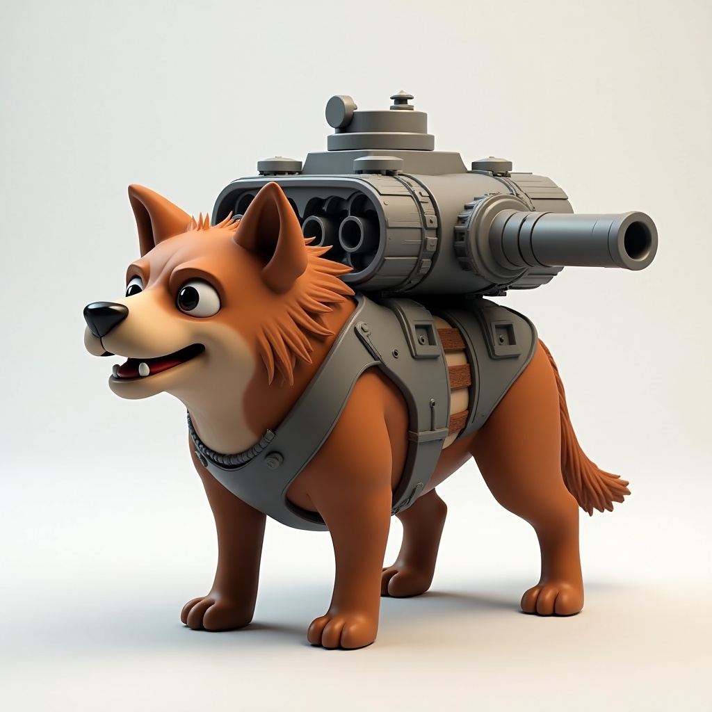 Hybrid creature with dog features and cannon tank. Full-body model with dog showcasing tank on back. Majestic design emphasizing strength. Rich brown fur and gray tank with mechanical details. Suitable for animation or gaming.