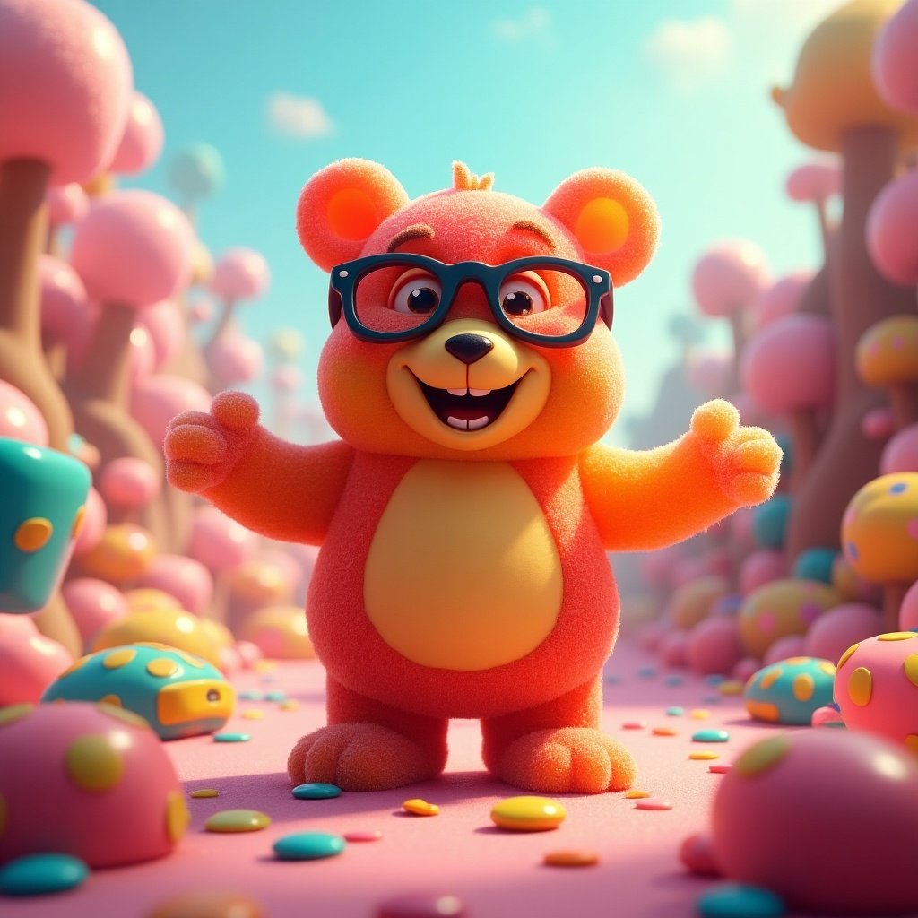 Gummy bear with glasses in a candy-themed landscape. Bright colors and a joyful atmosphere. Bear has a friendly smile with nerdy glasses.