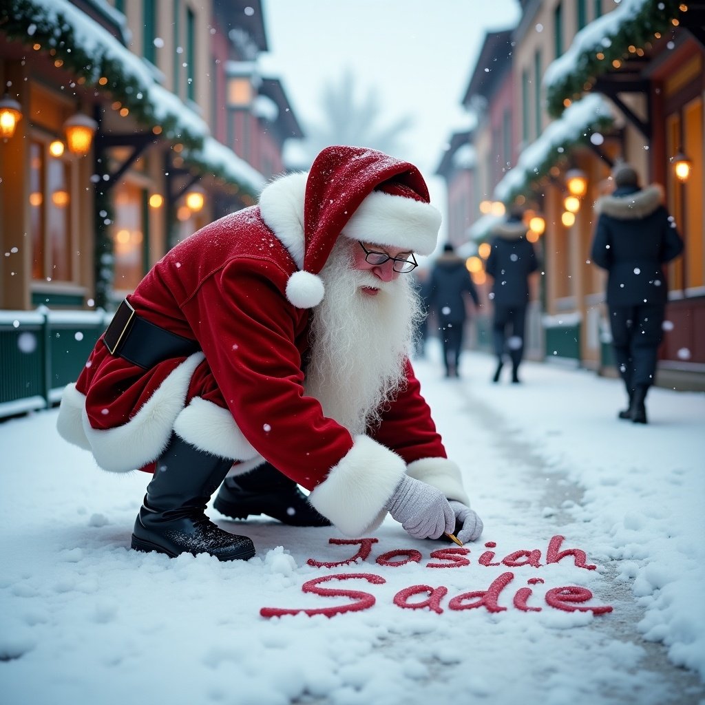 Santa Claus writes names in snow wearing traditional red and white clothing. Snowy street features charming buildings. Scene has soft winter light creating a cheerful holiday atmosphere. Santa writes Josiah and Sadie in fresh snow.