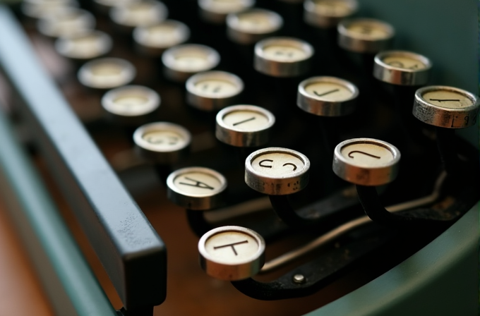 A close-up of vintage typewriter keys with numbers and letters in circular frames.