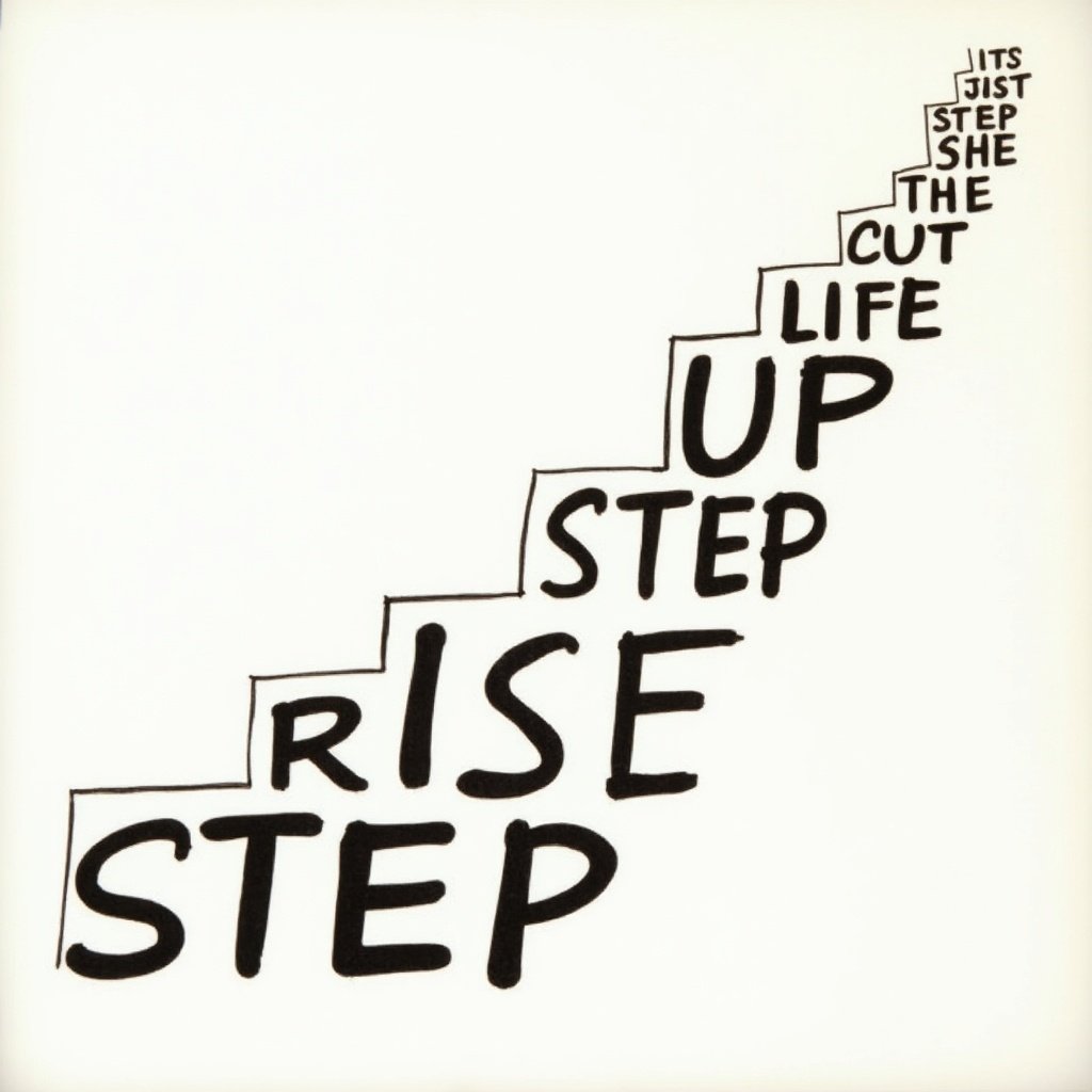 Text arranged like a staircase. Words ascend visually. Motivational phrase symbolizes progress.