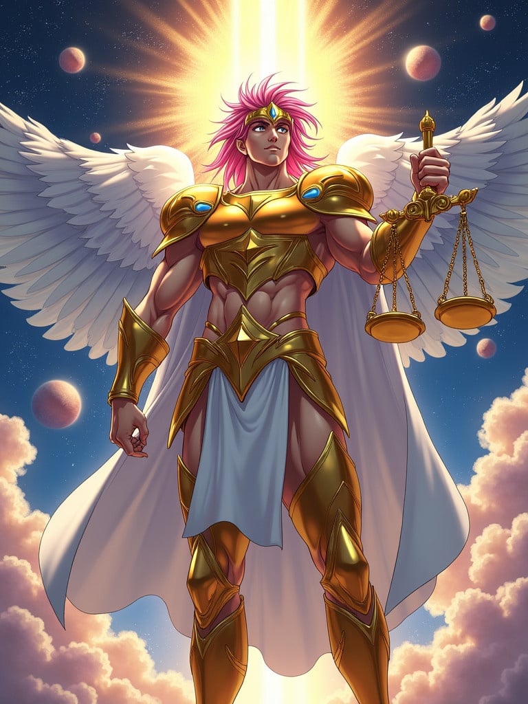 Anime character with pink hair wearing golden armor and a diadem. The character gazes thoughtfully into the distance. The background is starry with planets and clouds. The character is muscular and regal in stance. A halo of light emphasizes the divine nature. The armor is intricately designed and reflects strength. A flowing white drapery adds elegance. The figure holds scales in one hand and a sword in the other. The scene conveys justice and authority.