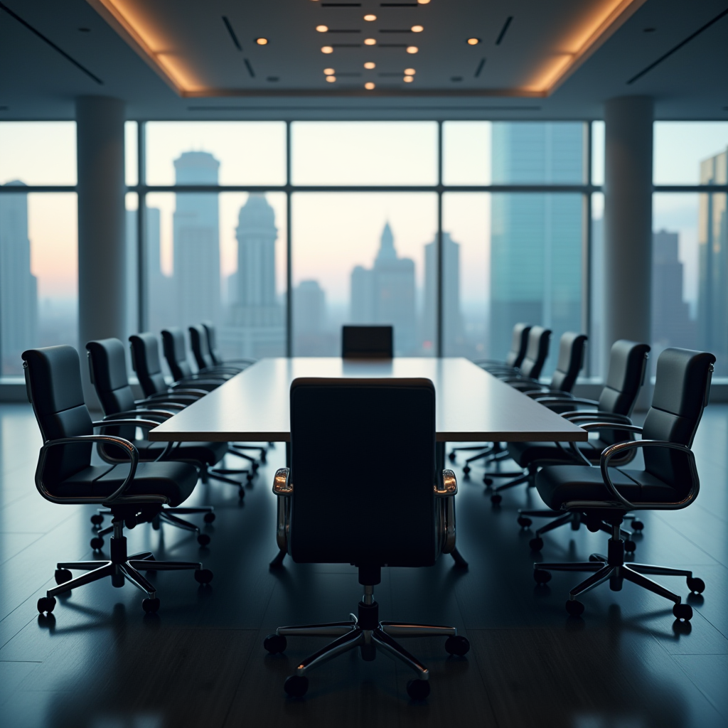 A sleek, empty boardroom with city skyscrapers visible through large windows at dawn.