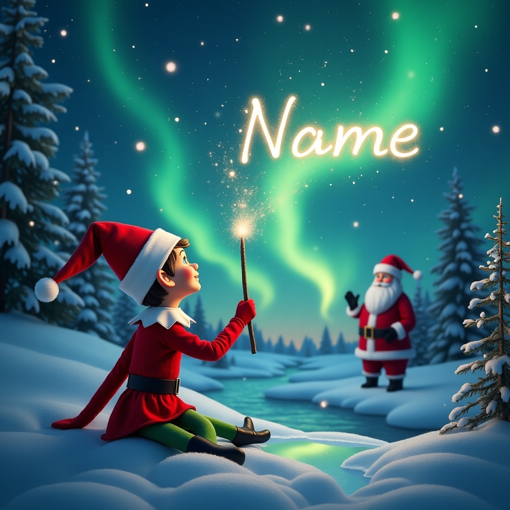 Elf on the shelf looks up. It uses a magical wand to write a name in the sky. Background features a snowy landscape with northern lights and Santa Claus.