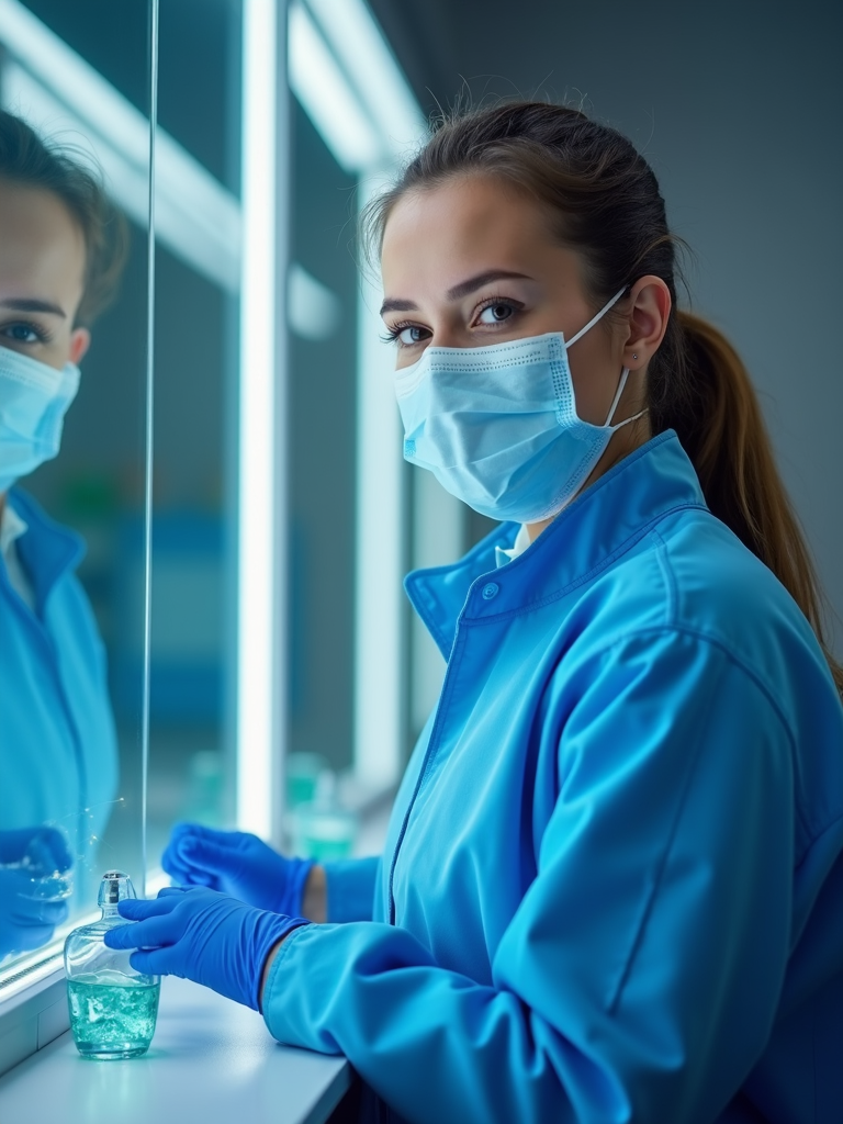 A person in medical attire and a face mask looks at the camera, with their reflection visible in a glass surface.