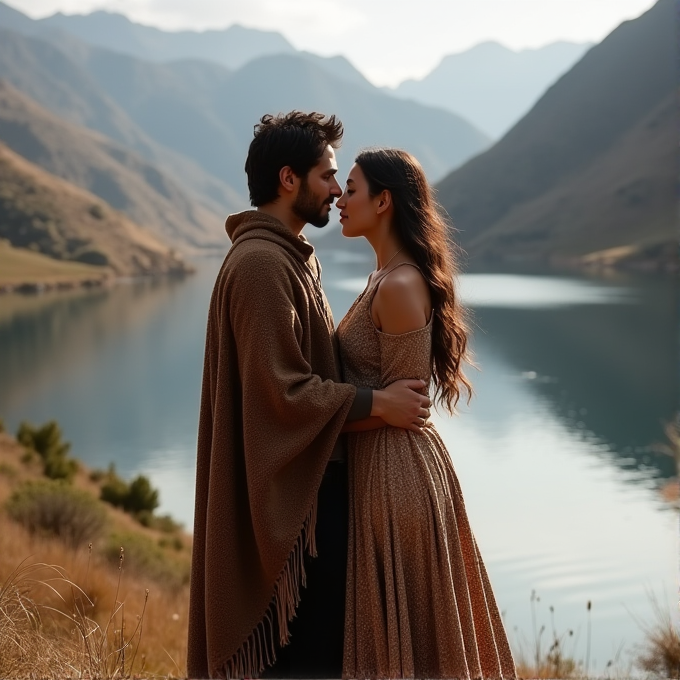 A couple stands closely near a peaceful mountain lake, surrounded by hills.