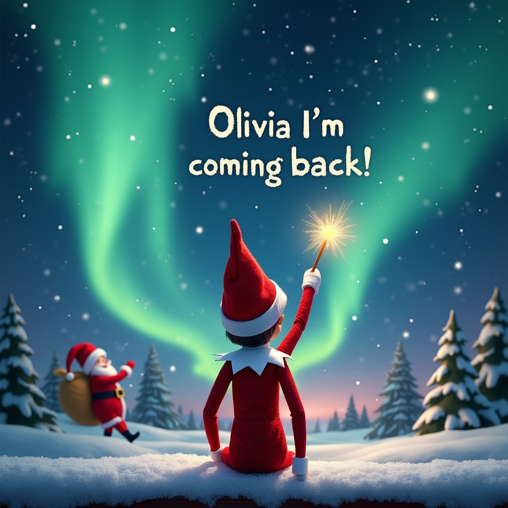 The image showcases an enchanting Christmas scene. An adorable elf from the 'Elf on the Shelf' series faces the sky. He uses a magical wand to spell out the phrase, 'Olivia I’m coming back!' in the night sky. The backdrop is filled with beautiful northern lights and a festive atmosphere. Santa Claus can be seen in the distance, adding to the holiday charm.