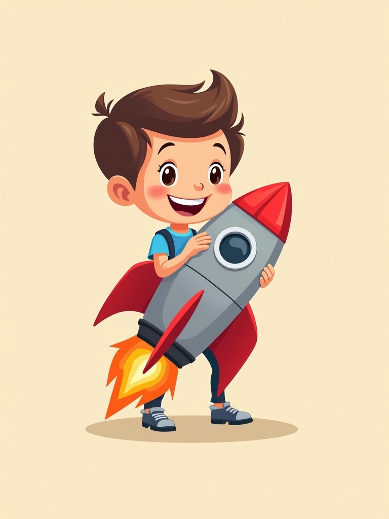 Cartoon style image of a character with a rocket. Character is smiling enthusiastically. The rocket is red and gray with flames. Background is light beige. Focus on playful theme related to technology and space exploration.