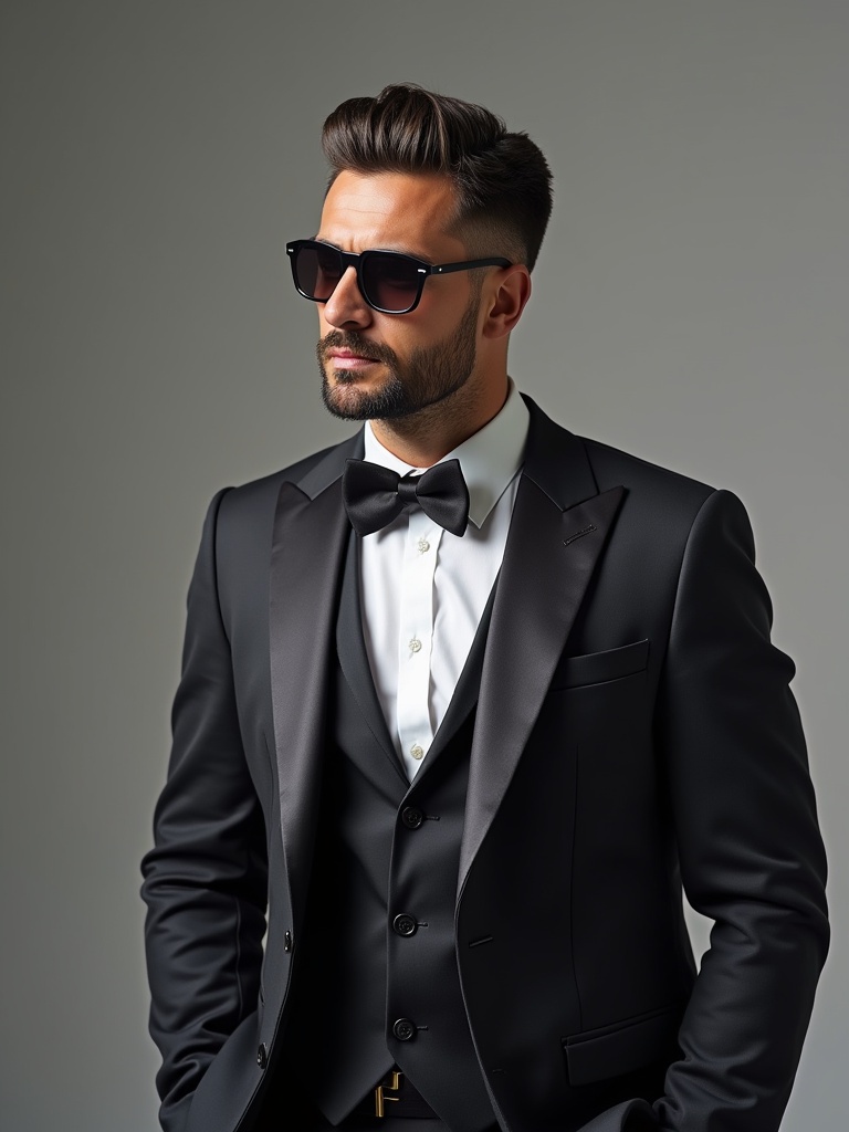 Man wearing a fashionable black suit with a bow tie and sunglasses. The attire is tailored and stylish. The man exudes confidence and charisma. The setting is minimalistic and modern.