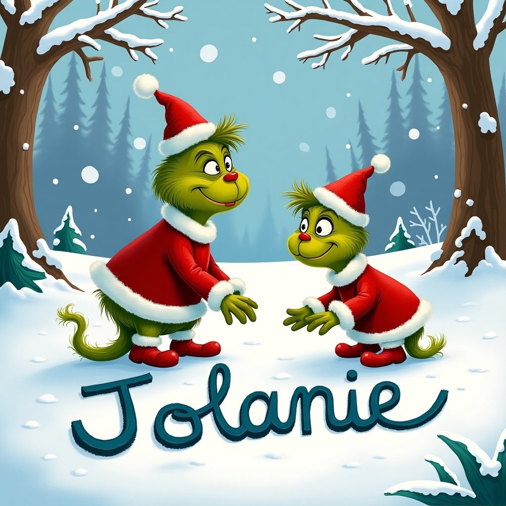 Grinch and Cindy Lou Who in a snowy landscape. They are writing the name Jolanie in the snow. Both characters wear red hats and coats. Snow is falling around them.