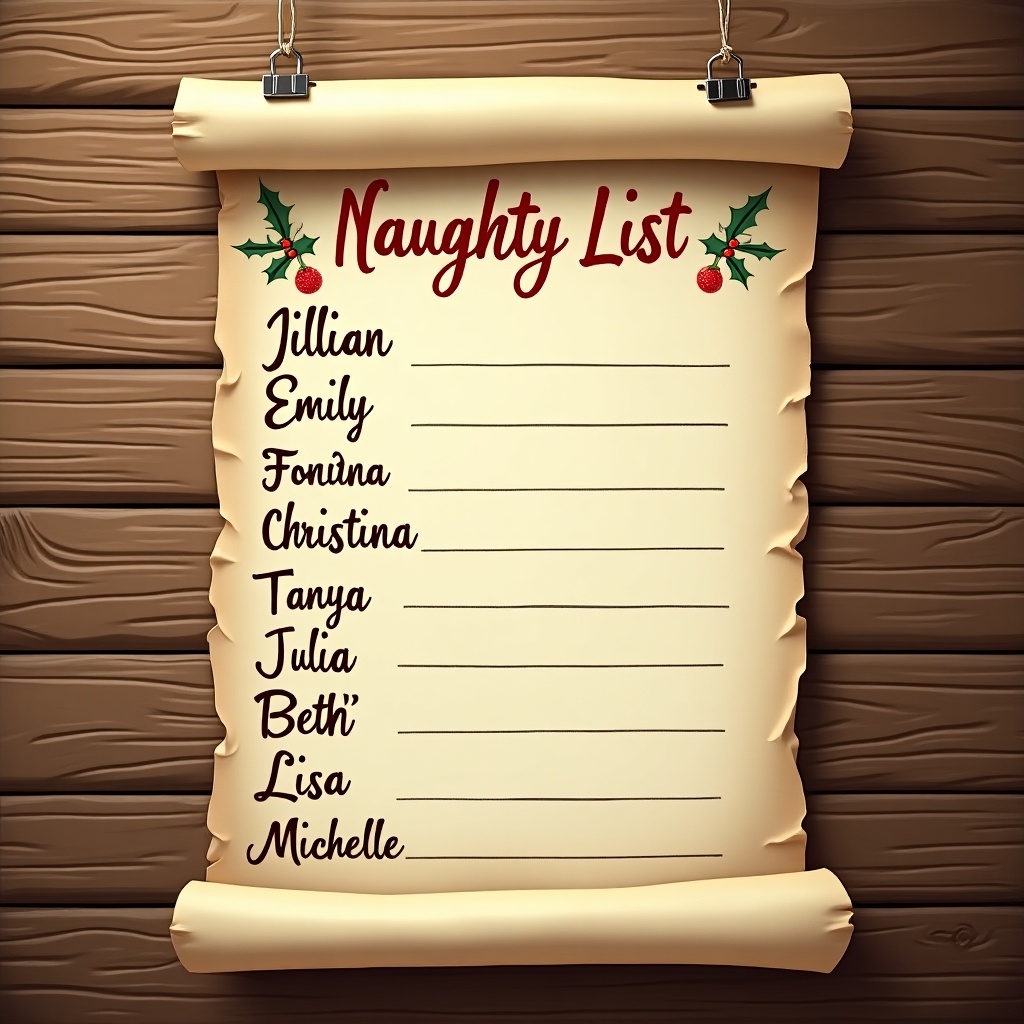 Parchment-like paper titled 'Naughty List' on wooden wall. Lists names like Jillian, Emily, Christina, Tanya, Julia, Beth, Lisa, Michelle. Spaces for more names. Vintage feel. Wooden background reflects Christmas themes.