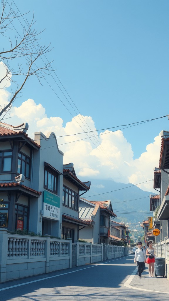 A peaceful street scene with traditional-style buildings, under a bright blue sky with fluffy clouds.