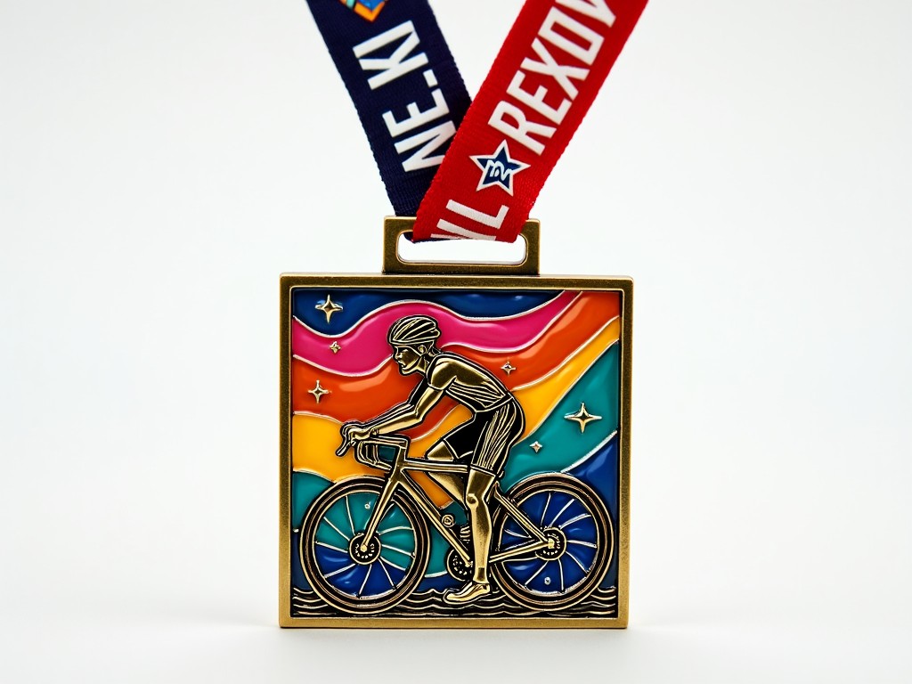 The image showcases a vibrant cycling medal featuring a silhouetted cyclist in motion. The background is adorned with a colorful gradient, showcasing shades of blue, orange, green, and red. The medal is finished in gold, highlighting the cyclist against a vivid backdrop. A decorative ribbon attached at the top displays the words 'REXOV' and 'FINISHER'. The design elements evoke a sense of achievement and celebration in sports. The overall aesthetic combines artistry with a sporty vibe, making it an ideal representation for cycling events.