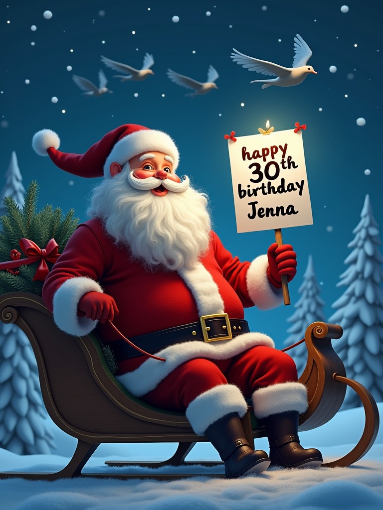 Santa celebrates a birthday. Santa holds a sign that says 'happy 30th birthday Jenna'. Santa sits on a sleigh. Night sky serves as background. Elves are in the background, adding festive cheer.