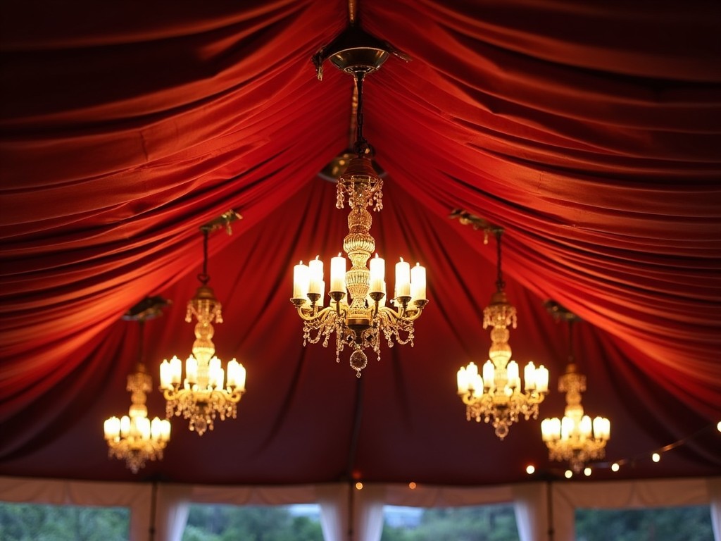 This image features a stunning old-world tent with a beautifully draped red ceiling. Four ornate old-world chandeliers hang from the ceiling, illuminated to create a warm and inviting atmosphere. The combination of red and gold elements adds to the luxurious feel of the tent. Perfect for events like weddings or upscale gatherings, the lighting highlights the elegant decor. The overall ambiance is romantic and opulent, appealing for those seeking an extraordinary venue.