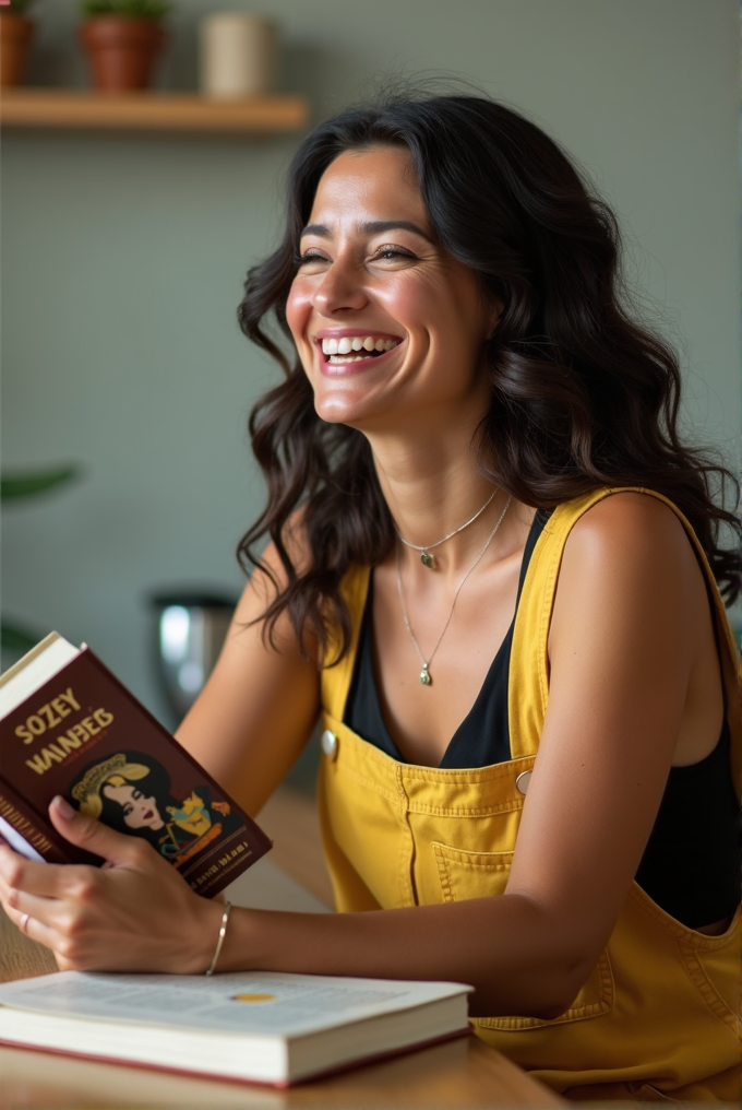 A woman in a yellow dress is sitting at a wooden table, joyfully holding a book while smiling in a cozy room with a green wall and plants in the background.