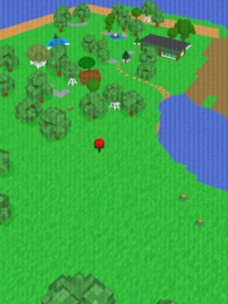 3D Roblox map layout featuring grass and trees. The design includes colorful obby elements. Every 30 seconds, random events occur.