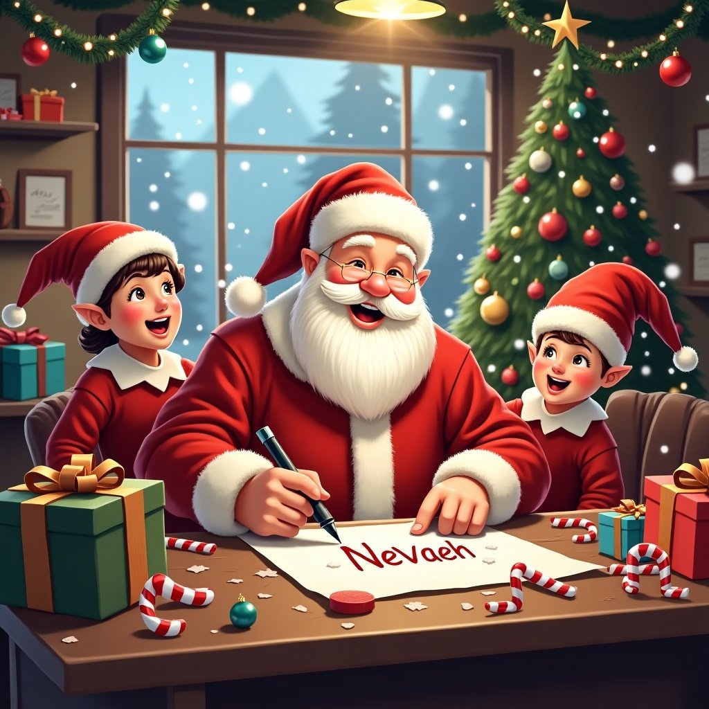 This image depicts a joyful Christmas scene inside a busy workshop. Santa Claus is the main focus, happily engaged with two cheerful elves. They all wear festive outfits, enhancing the holiday spirit. Brightly wrapped presents adorn the table, and colorful candy canes and ornaments create a cheerful atmosphere. Snow gently falls outside the window, adding to the cozy winter scene. Santa is joyfully writing the name 'NeVaeh', capturing a special moment of holiday magic. Warm lighting and decorations highlight the essence of Christmas.