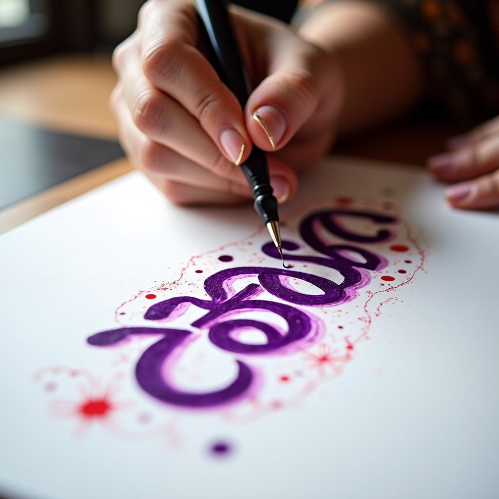 A hand creates Malayalam calligraphy with a bold ink on white paper. Rich purple ink with red splashes outlines the script. Focused hand holds a pen, showcasing detail and care. Natural light highlights the scene, depicting creativity in calligraphy. Combines traditional writing with modern art.