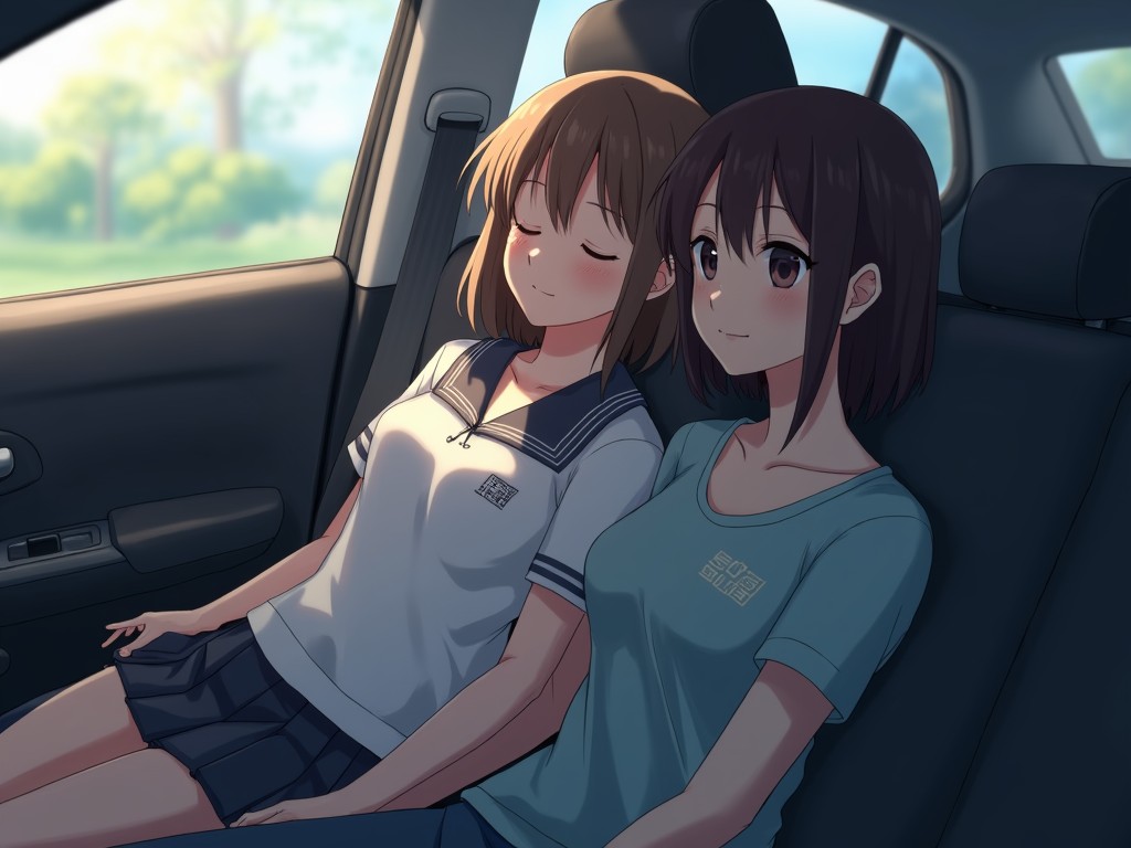 Two young anime-style characters are sitting in the back seat of a car. One appears to be peacefully asleep on the other's shoulder, embodying a sense of calm and comfort. The setting is softly lit, suggesting the warmth of a sunny afternoon filtering through the car and casting gentle shadows.