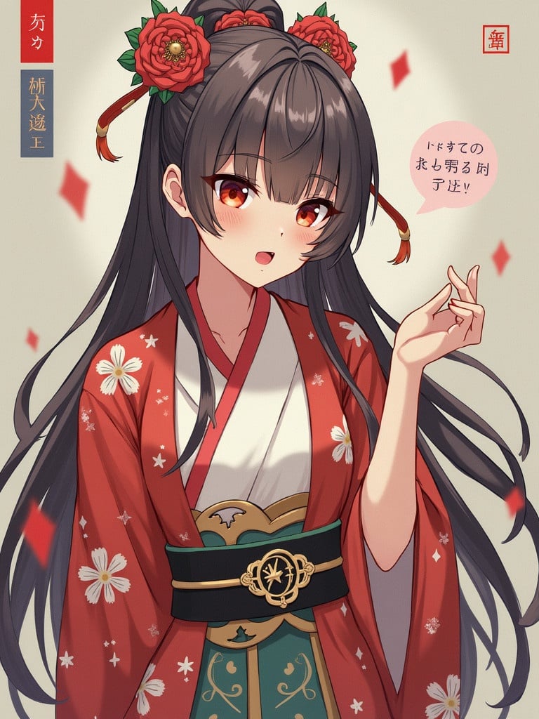 Anime character wearing a traditional Japanese kimono. Long black hair with decorative flowers. Gentle expression and elegant gesture.